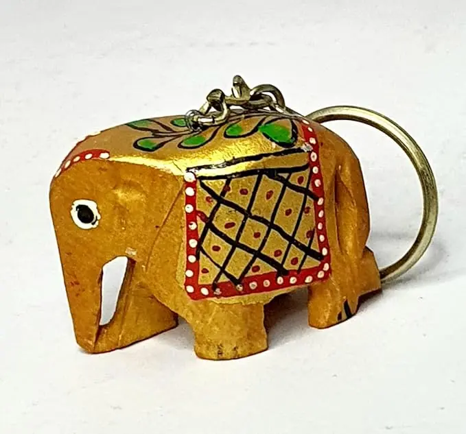 Handmade wooden elephant keychain set hand carved and hand painted